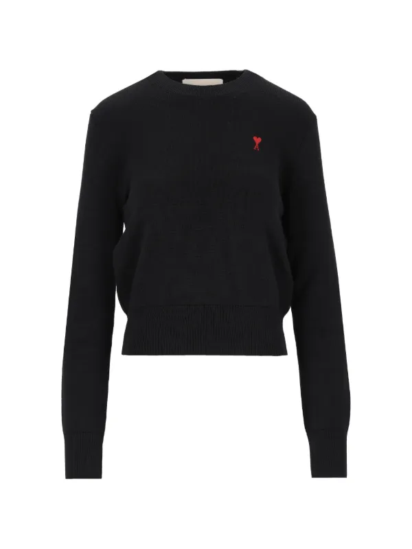 Ami Paris Black Crewneck Wool Sweater with Ami De Coeur