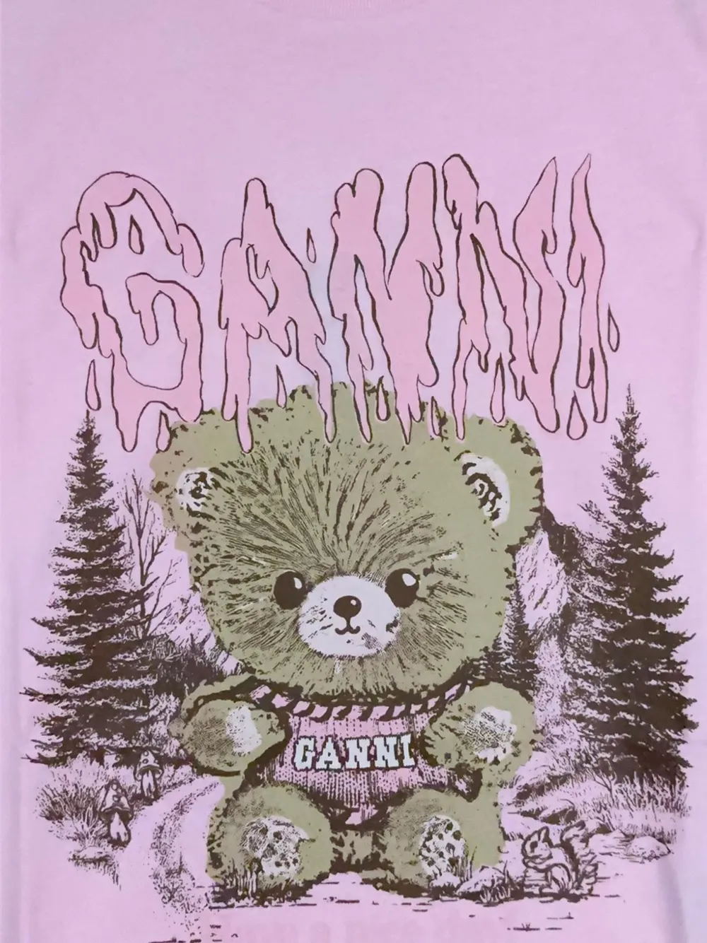 GANNI Baby Fit T-shirt with forest teddy Roze