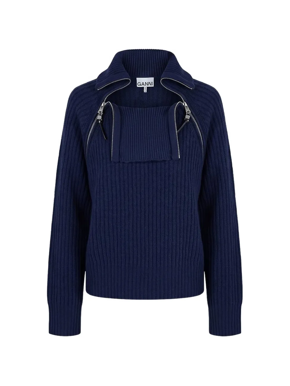 GANNI ribbed zip-detail sweater Blauw