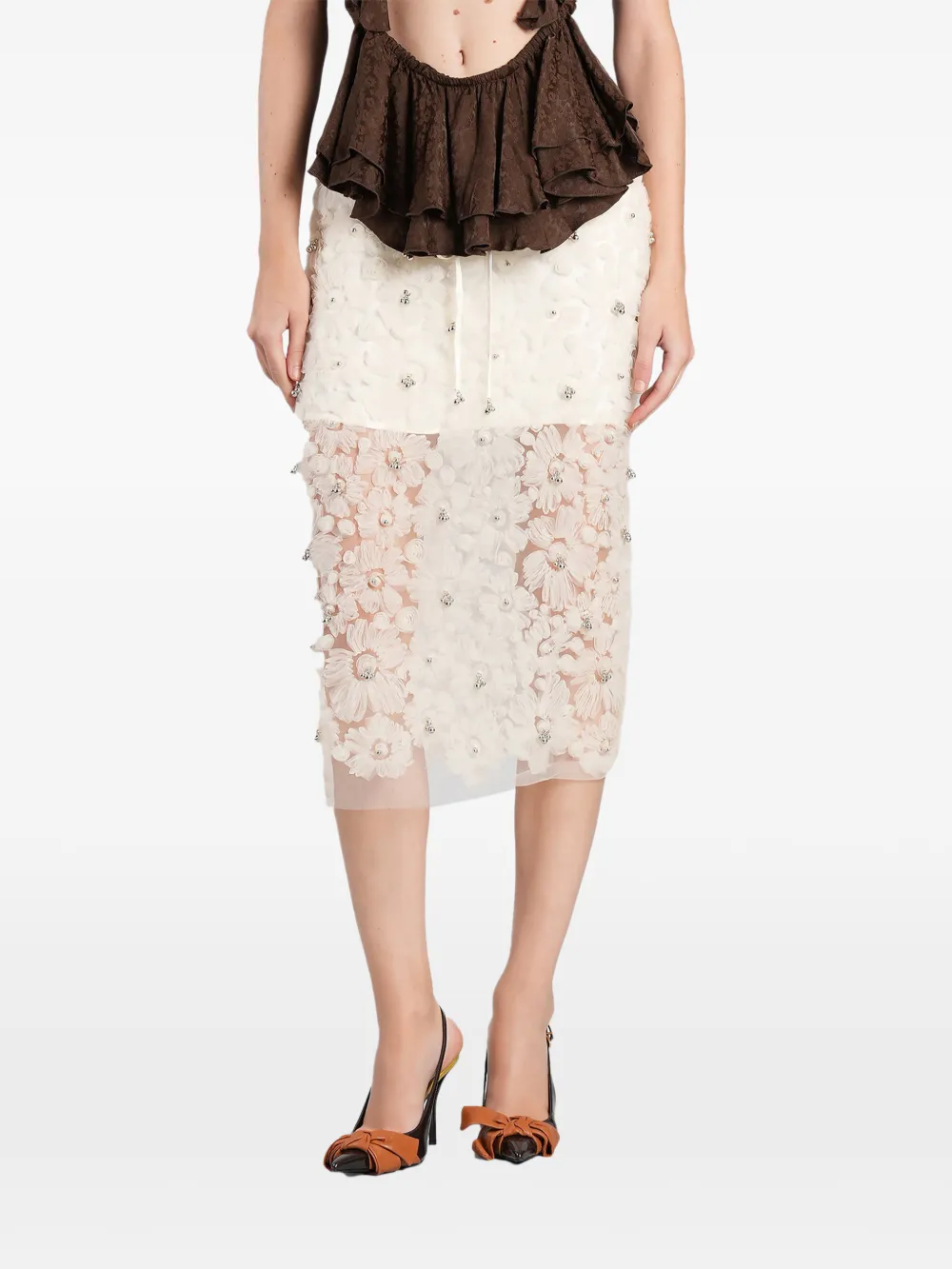 SIEDRES Siam floral-appliqué beaded midi skirt - Toni neutri