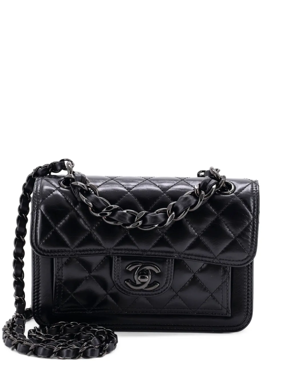 CHANEL Pre-Owned So Black Double You CC Flap Bag Quilted Shiny Crumpled Calfskin Mini shoulder bag - Nero