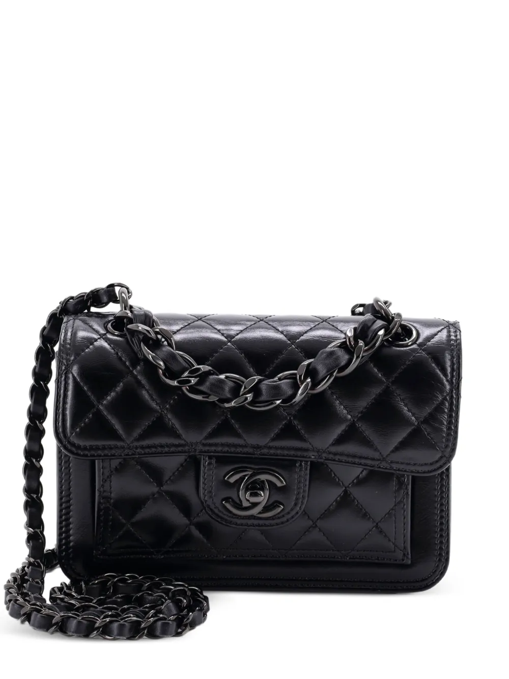 CHANEL Pre-Owned So Black Double You CC Flap Bag Quilted Shiny Crumpled Calfskin Mini shoulder bag