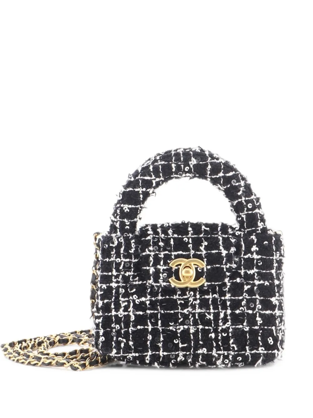 CHANEL Pre-Owned Kelly Top Handle Shopping Bag Quilted Tweed with Sequins Nano satchel - Nero