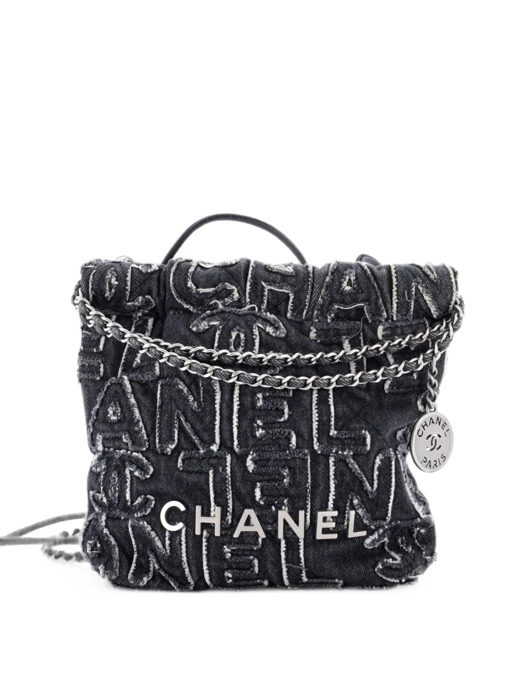 CHANEL Pre-Owned 22 Chain Fringed Logo Quilted Denim Mini hobo bag - Nero
