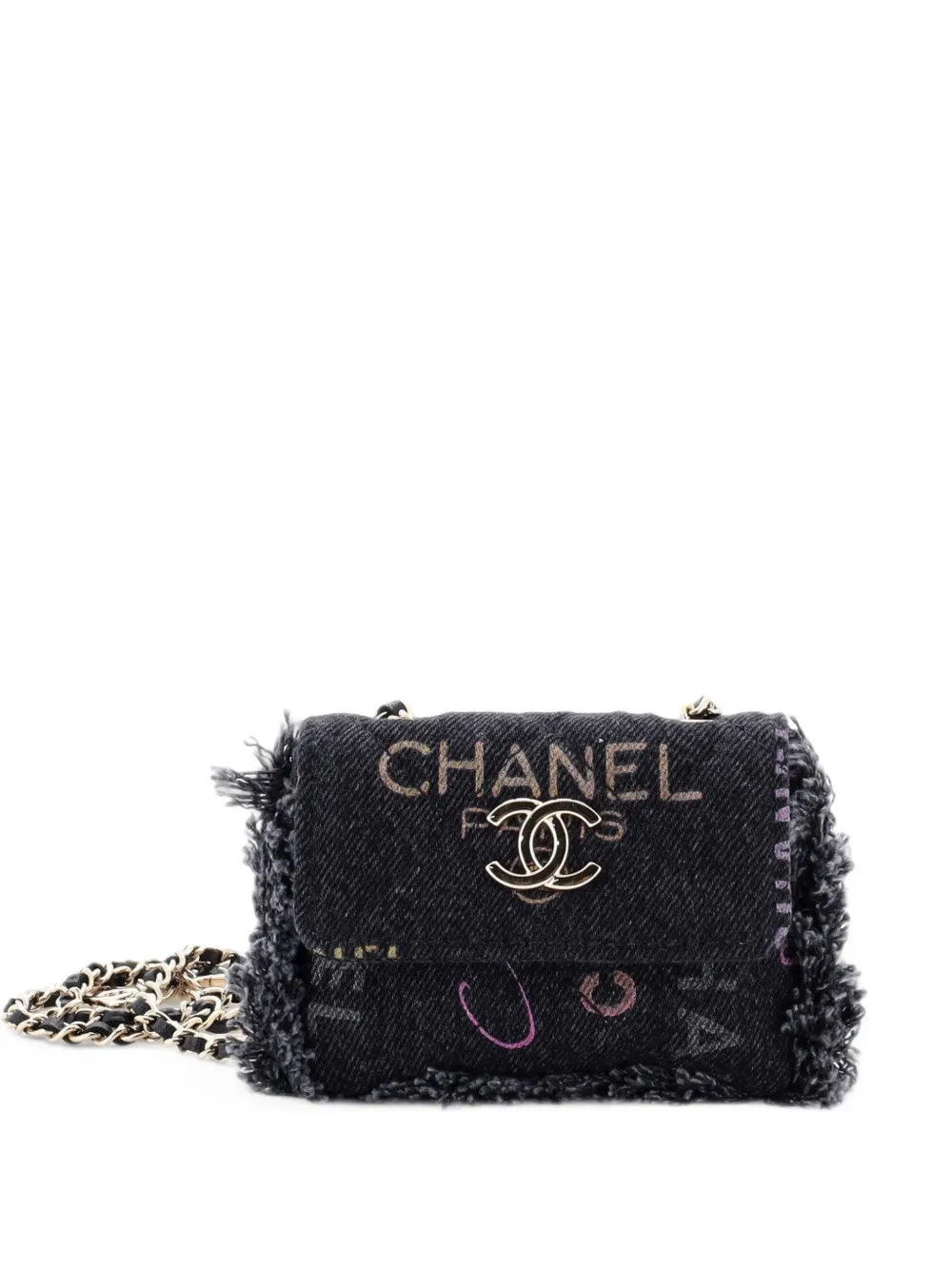 CHANEL Pre-Owned Denim Mood Flap Logo Printed Quilted Fringe Denim Micro belt bag - Nero