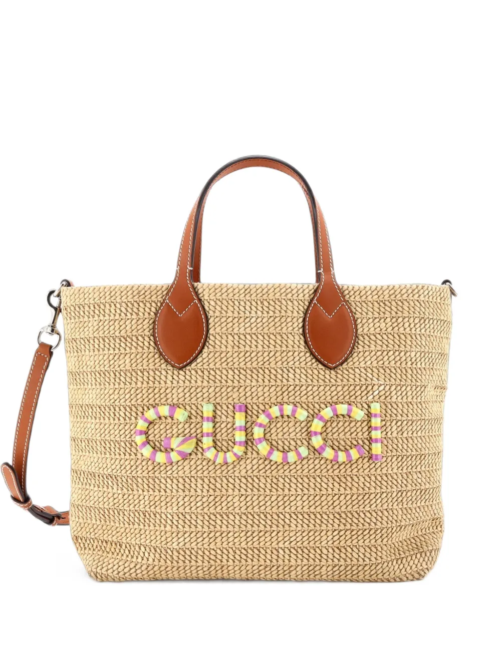 Gucci Pre-Owned petit sac cabas en raphia à plaque logo - Tons neutres Gucci Pre-Owned petit sac cabas en raphia à plaque logo - Tons neutres