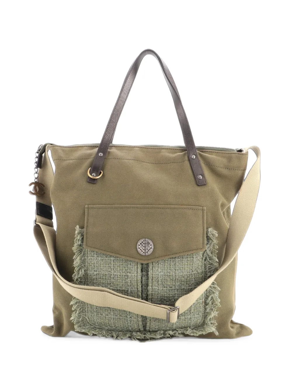 CHANEL Pre-Owned Cuba Zip Shopping Tote Canvas with Tweed Large satchel - Verde