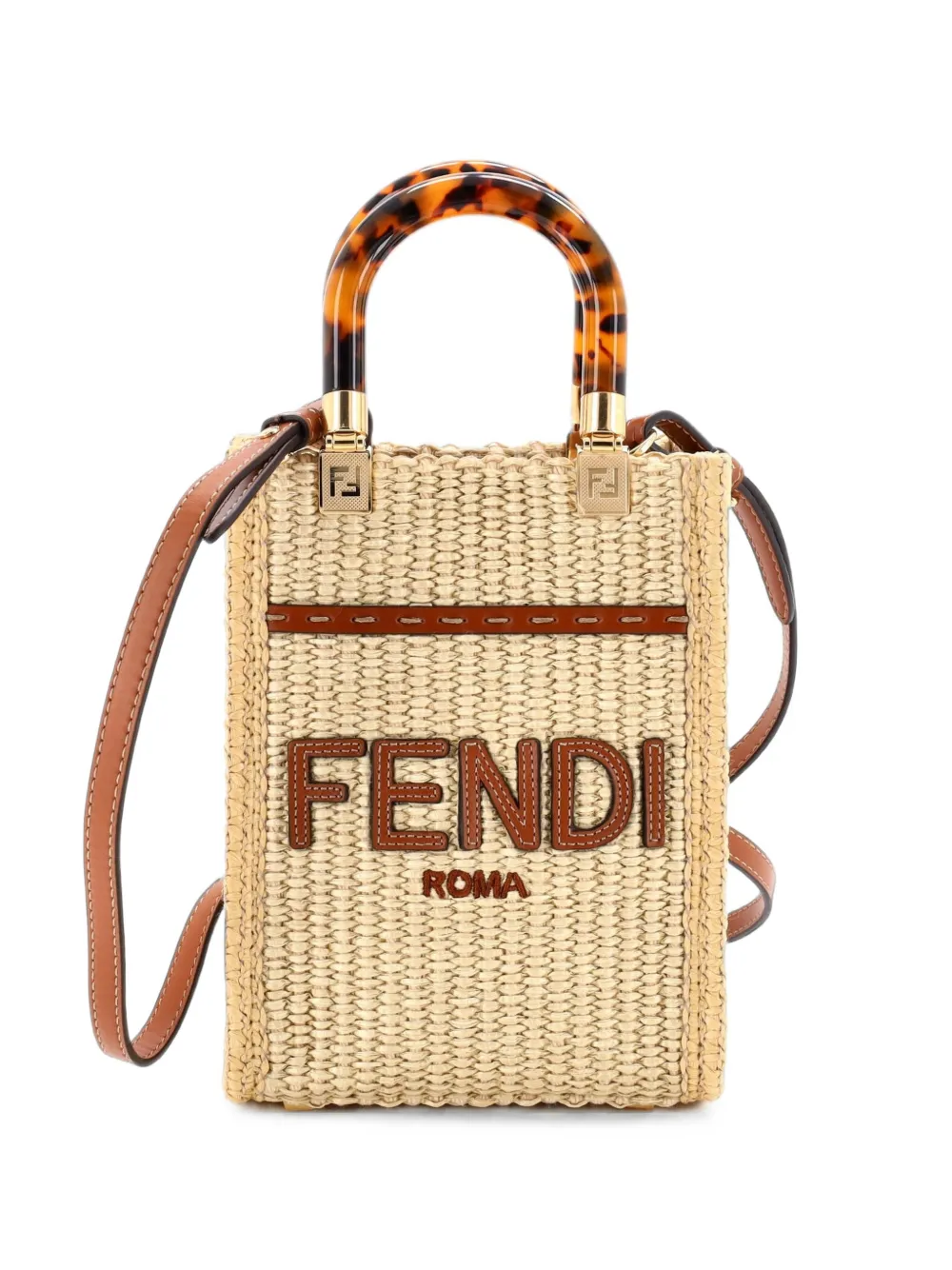 Fendi Pre-Owned mini sac à main Sunshine Shopper en paille et cuir - Marron