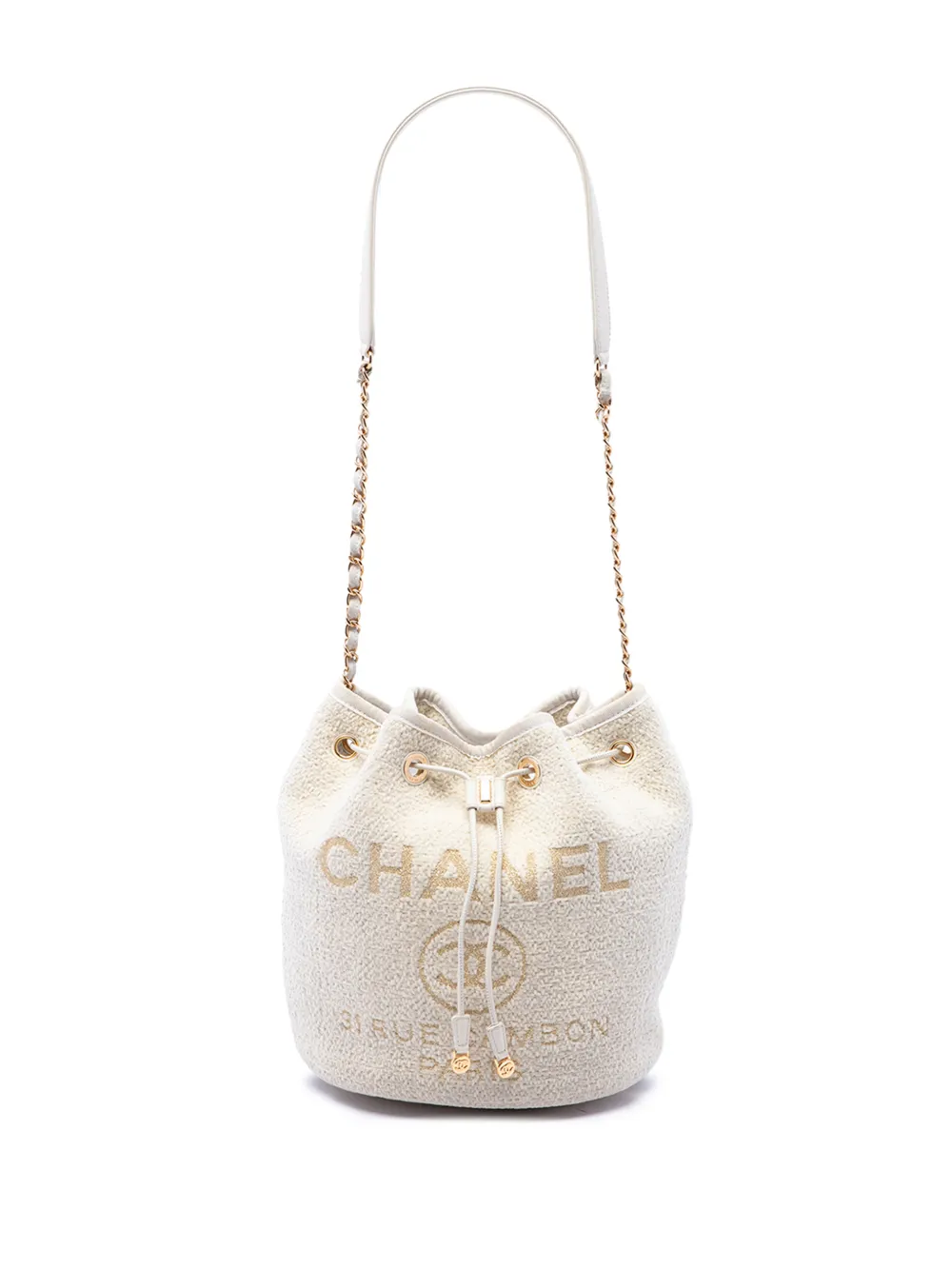 CHANEL Pre-Owned 2019 Small Tweed Deauville Drawstring bucket bag - Bianco
