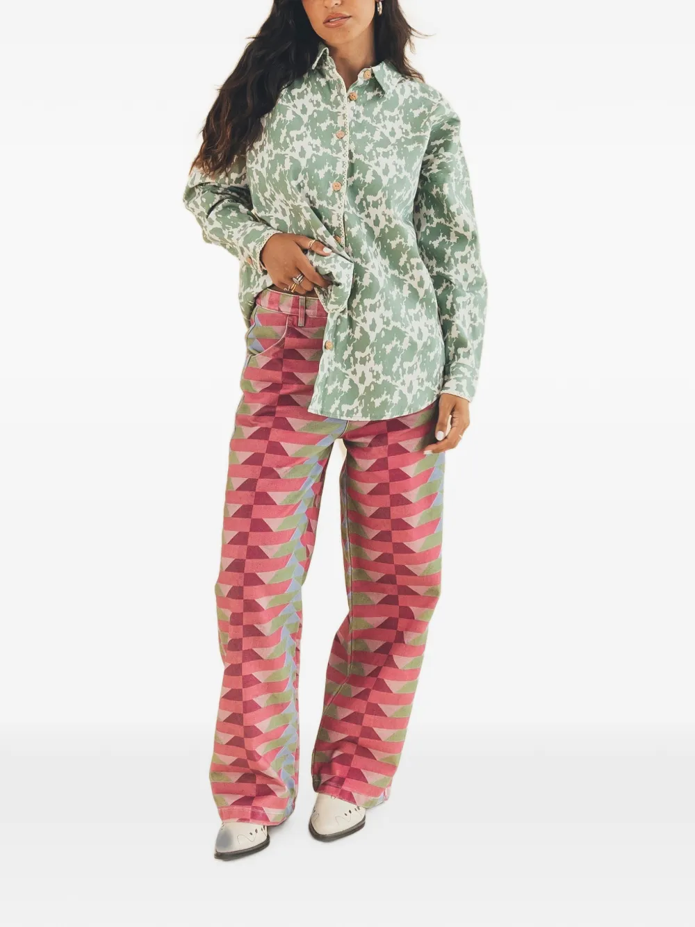 Favorite People Crew broek met geometrisch patroon en wijde pijpen Roze