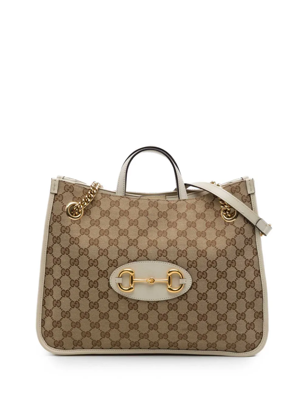 Gucci Pre-Owned sac cabas Horsebit 1955 format moyen en toile GG avec chaîne (2016-2026) - Tons neutres Gucci Pre-Owned sac cabas Horsebit 1955 format moyen en toile GG avec chaîne (2016-2026) - Tons neutres