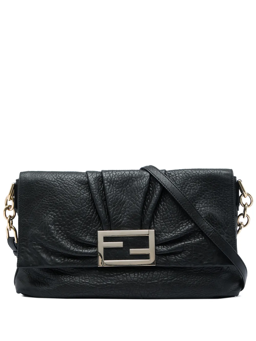 Fendi Pre-Owned 2010-2026 große Mia Flap Umhängetasche aus Lammleder in Knitteroptik - Schwarz
