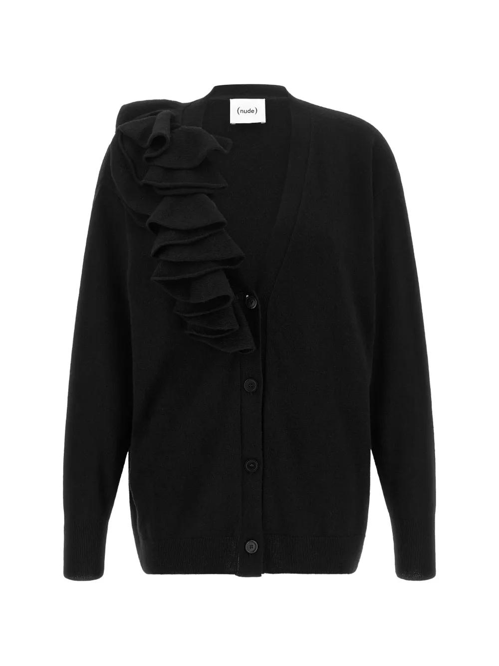 Nude asymmetrical ruffled V-neck cardigan - Black