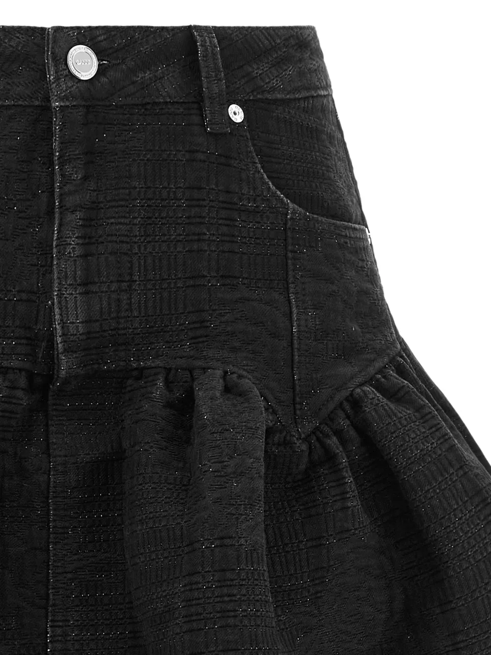GANNI Lurex denim mini-rok met ruches Zwart