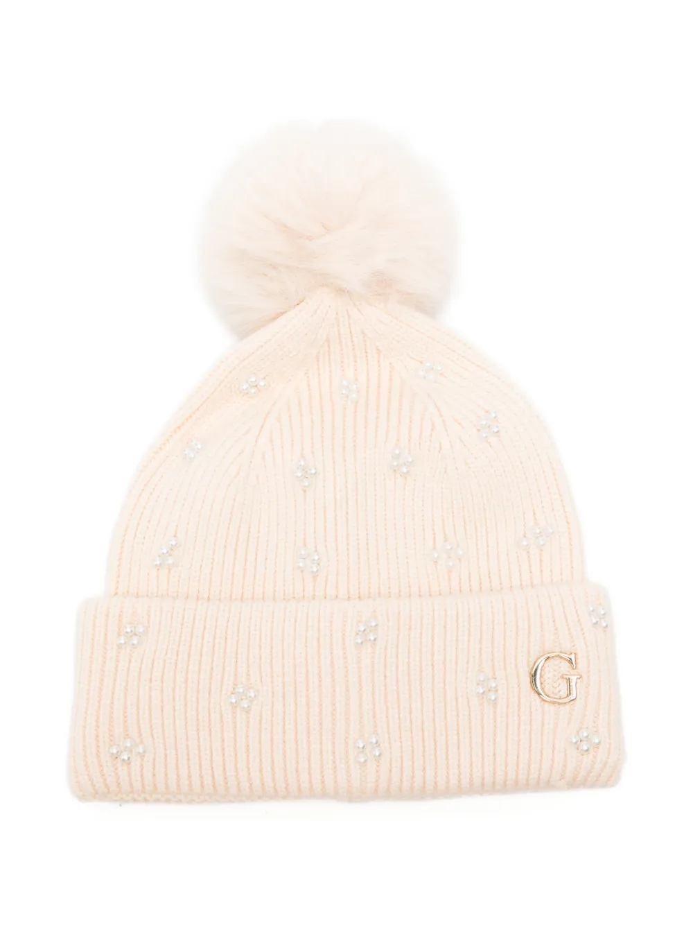 GUESS USA faux-pearl pompom beanie hat - Nude