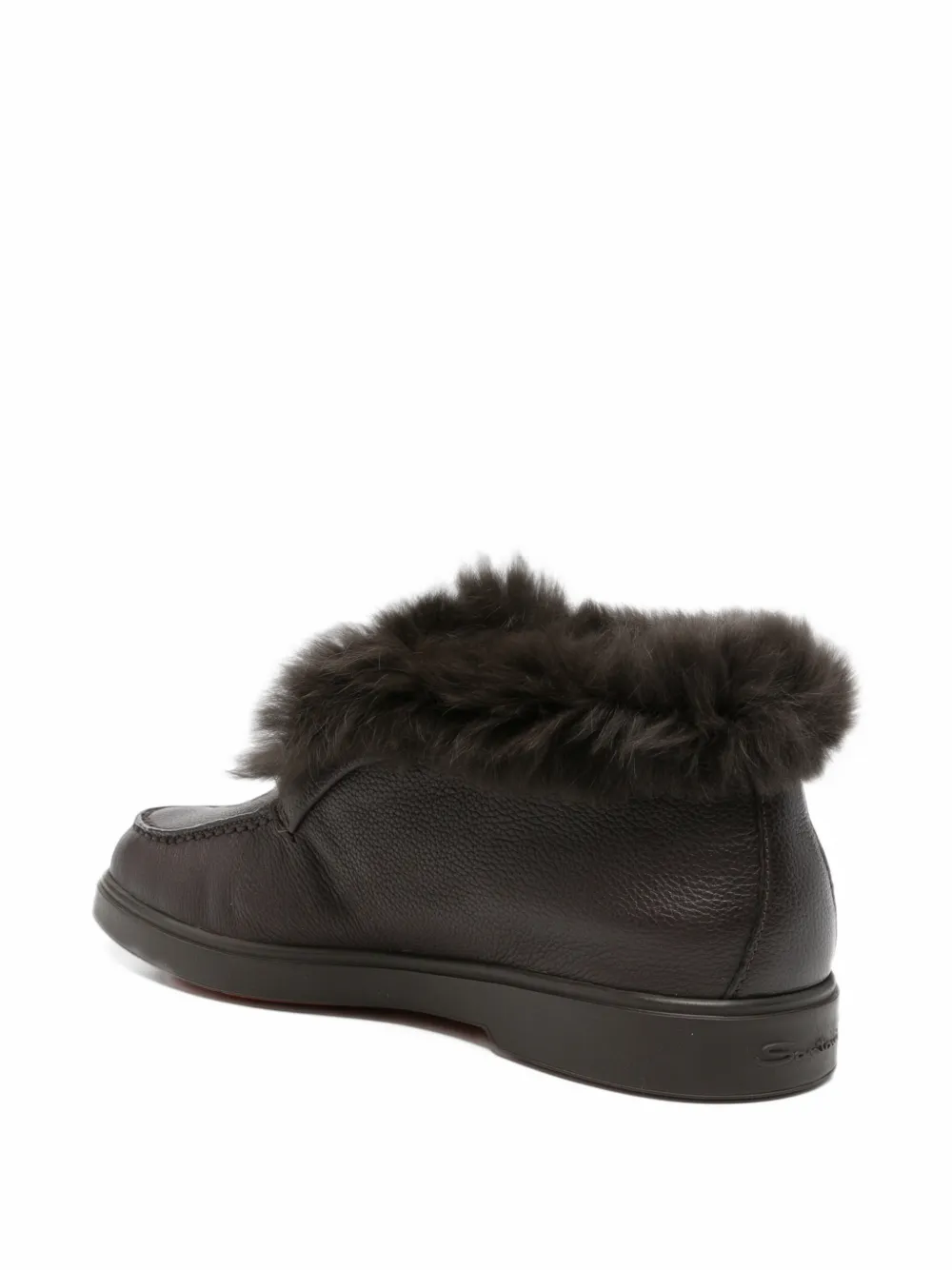 Santoni Shearling-trim Pebbled Leather Loafers In Brown
