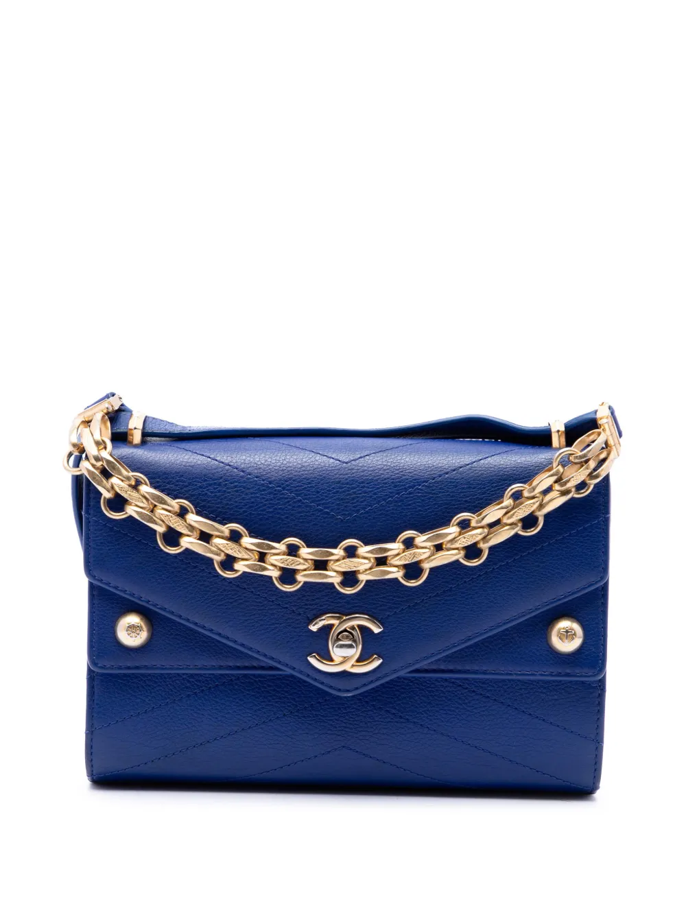 CHANEL Pre-Owned 2019 Small Studded Chevron Calfskin Envelope Double Flap crossbody bag - Blu