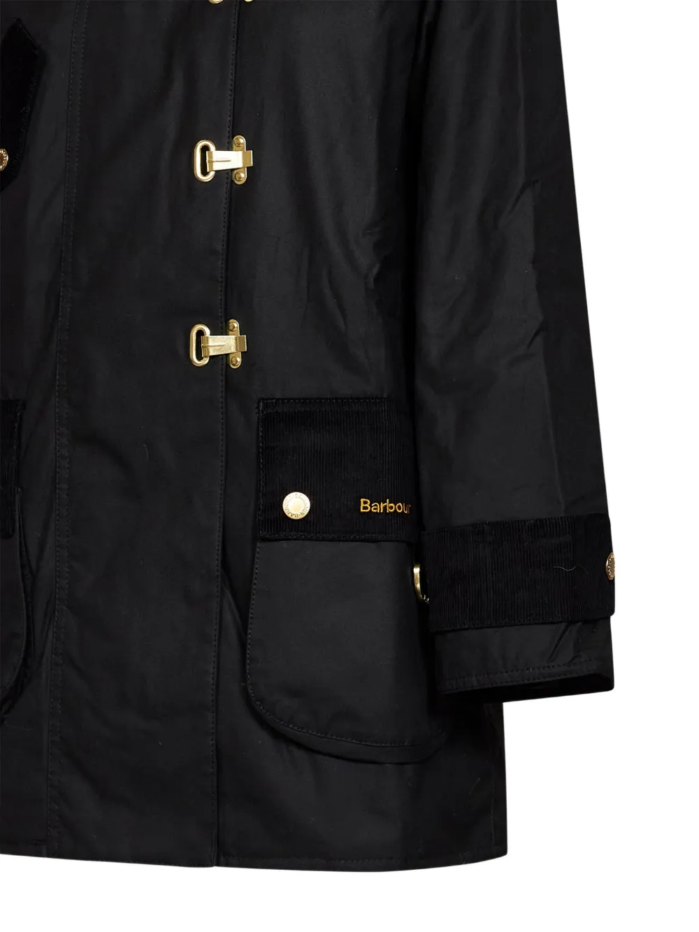 Barbour Jas met dubbele rij knopen en ribfluwelen afwerking Zwart
