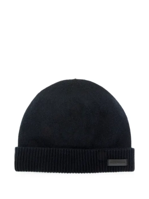 Emporio Armani logo-plaque ribbed-trim beanie hat
