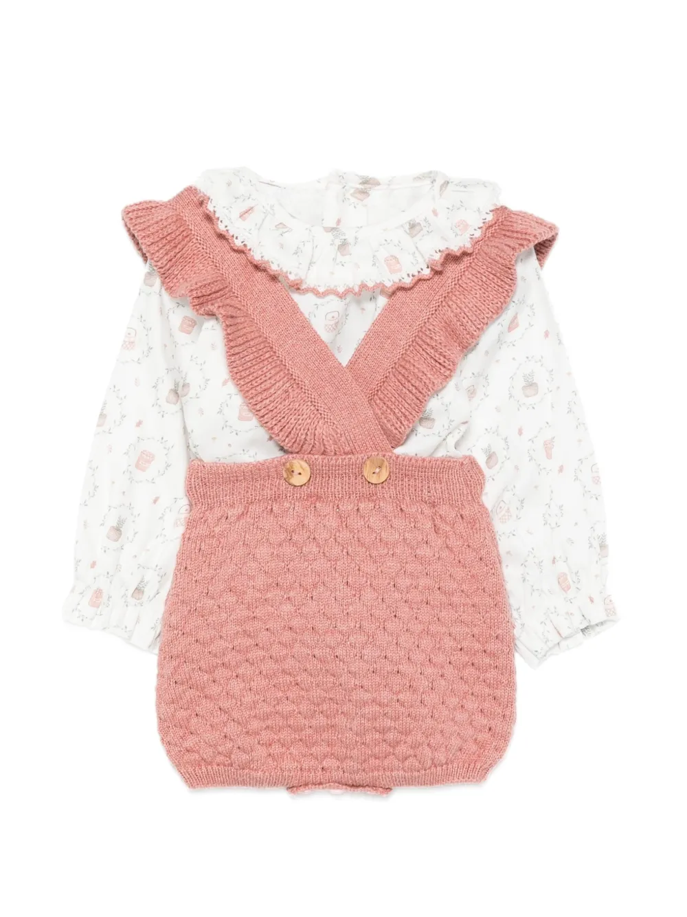 Paz Rodriguez ruffled knitted dungarees three-piece set Roze