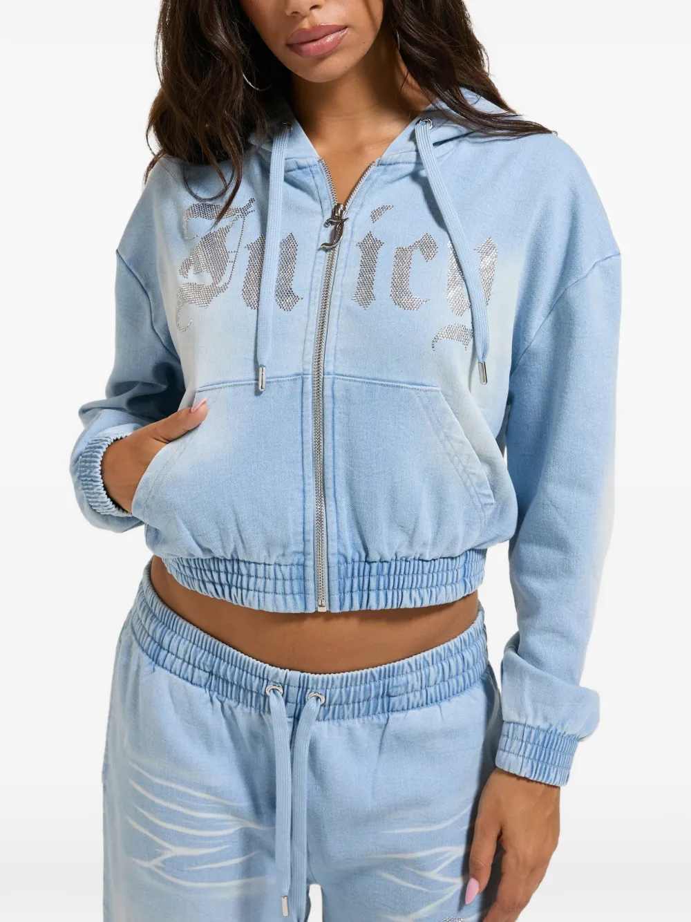 Juicy Couture rhinestone-logo smocked hoodie - Blau