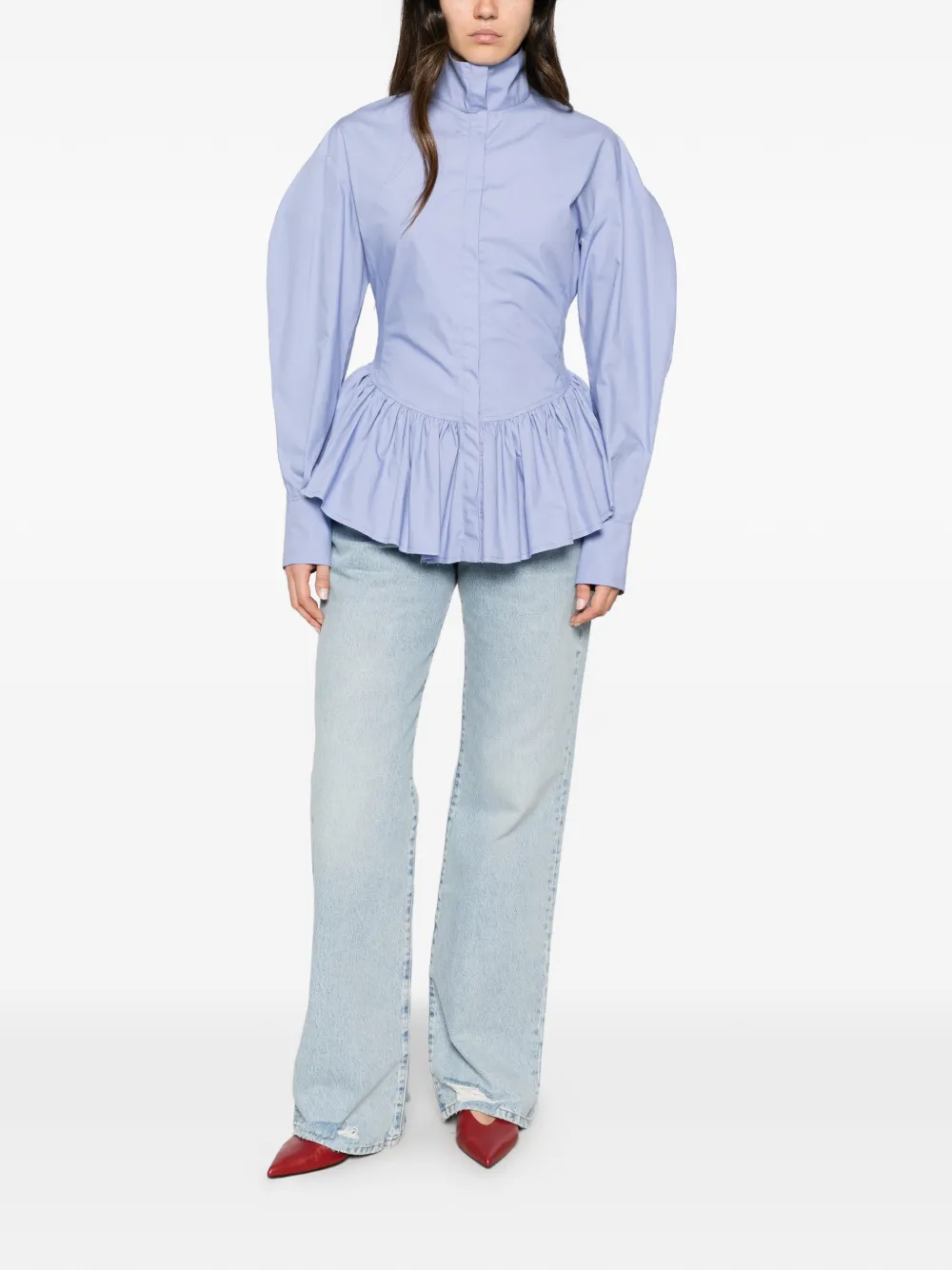 THELATEST Elaine blouse met pofmouwen en peplum-zoom Blauw