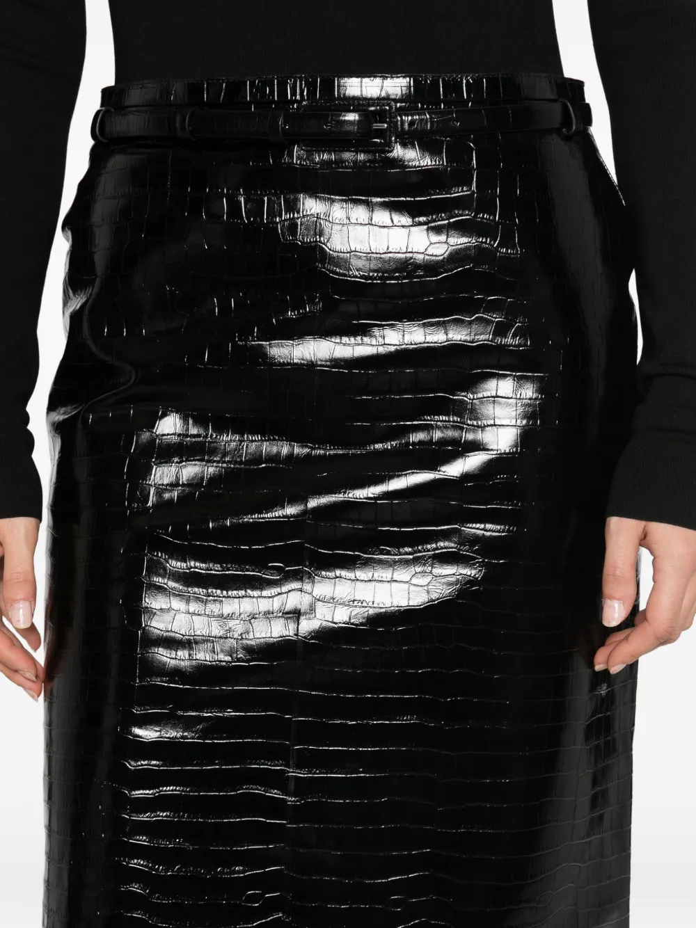 TOM FORD Midi-rok met ceintuur en krokodillen-effect Zwart