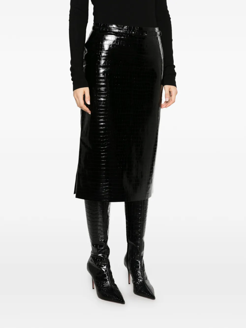 TOM FORD Midi-rok met ceintuur en krokodillen-effect Zwart