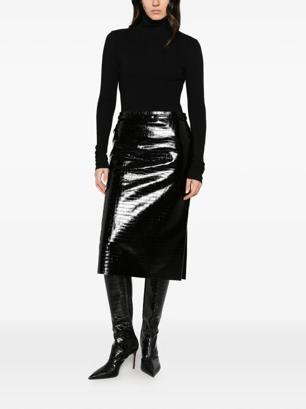 TOM FORD Midi-rok met ceintuur en krokodillen-effect Zwart