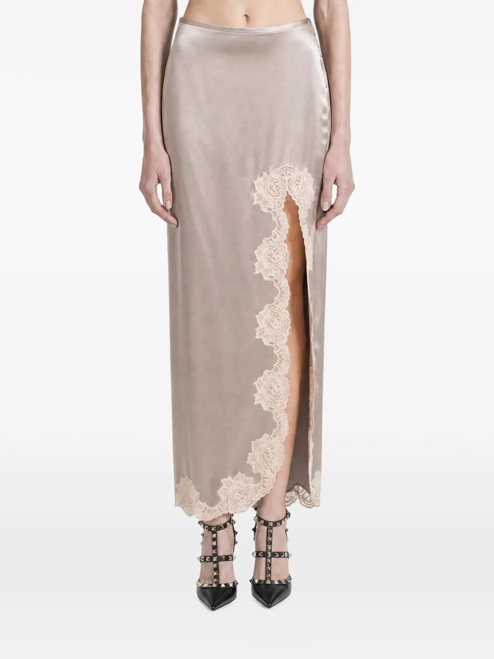 Valentino Garavani lace-trim slit maxi skirt - Tons neutres