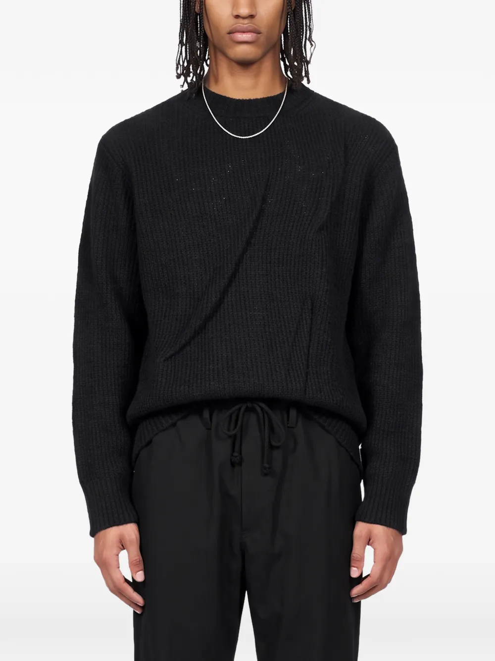 Yohji Yamamoto Ribgebreide gedrapeerde trui Zwart