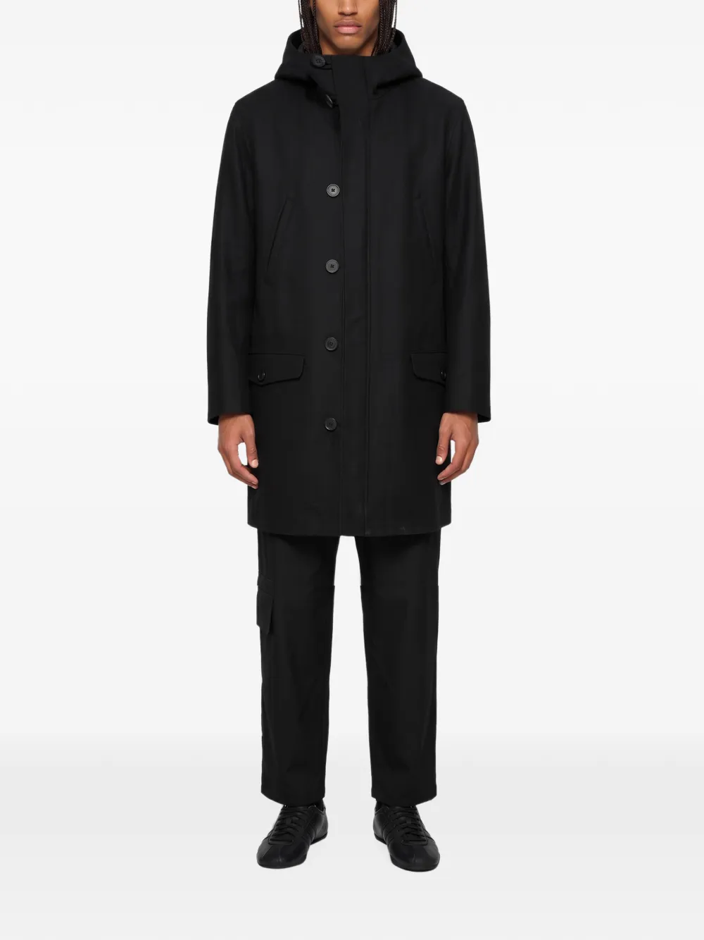 Yohji Yamamoto hooded single-breasted coat Zwart