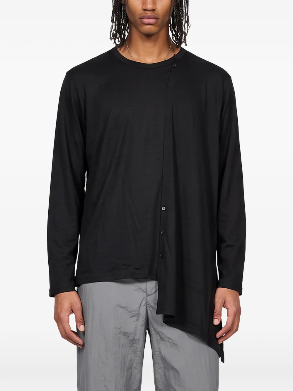 Yohji Yamamoto Asymmetrisch button-up T-shirt met lange mouwen Zwart