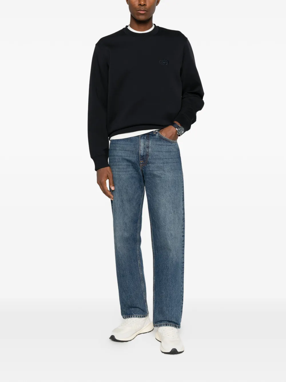 Emporio Armani logo-embroidered crew-neck sweatshirt Blauw