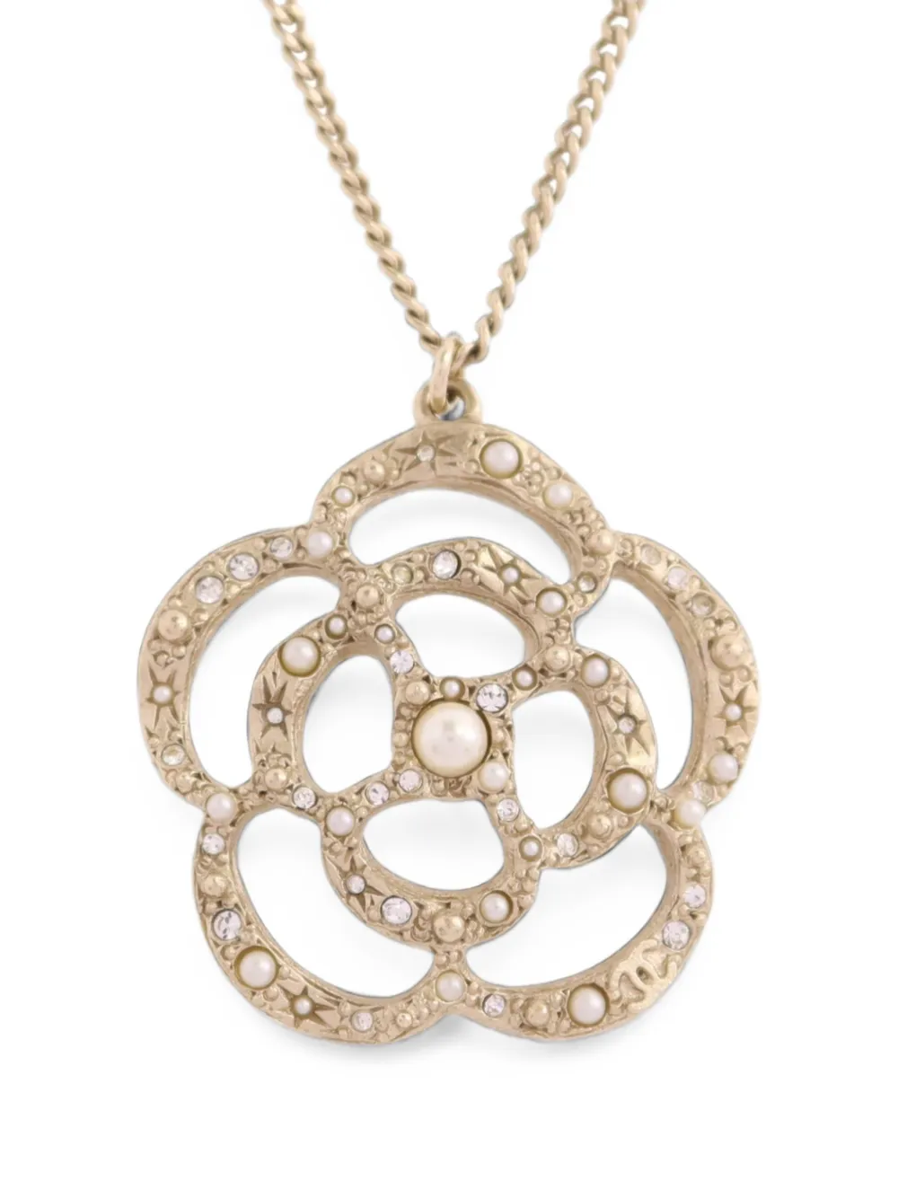 Pre-owned Chanel Camélia Faux-pearl And Crystal Necklace In Gold