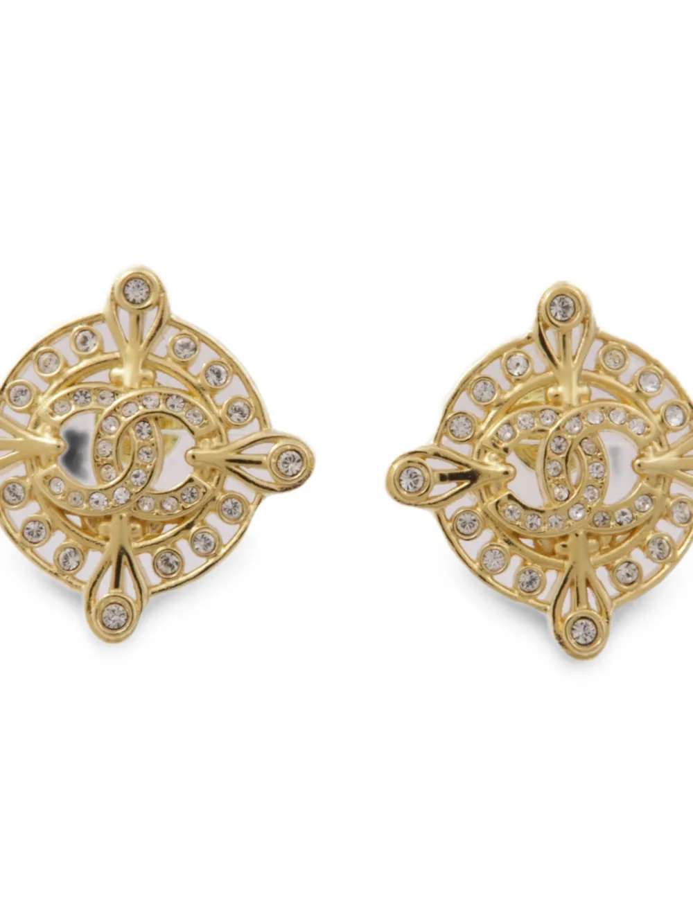Pre-owned Chanel Interlocking Cc Crystal-embellished Earrings In Gold