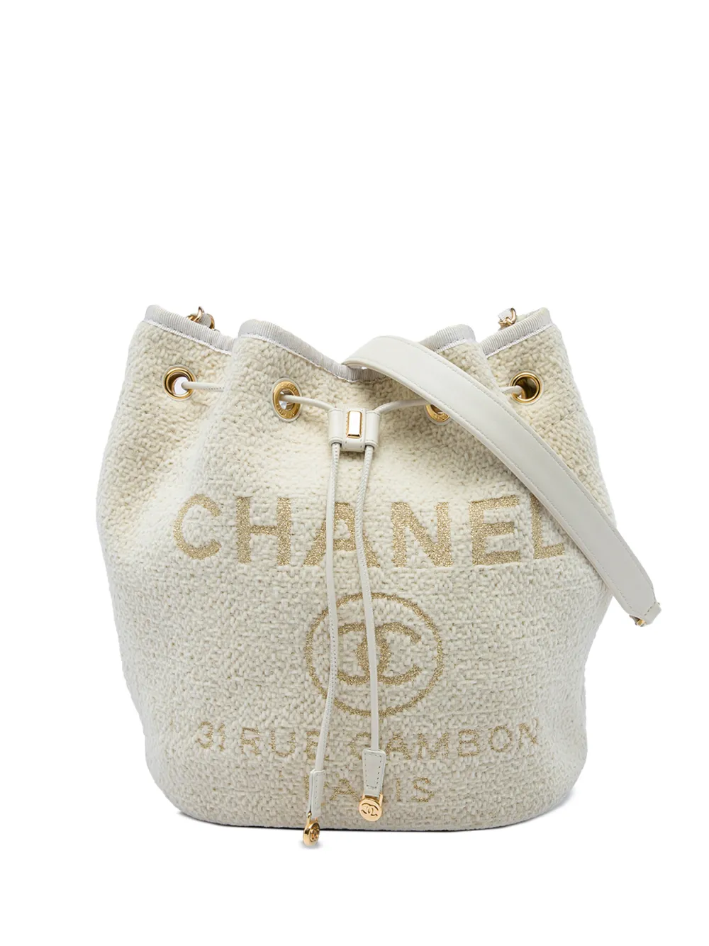 CHANEL Pre-Owned 2019 Small Tweed Deauville Drawstring bucket bag - Bianco