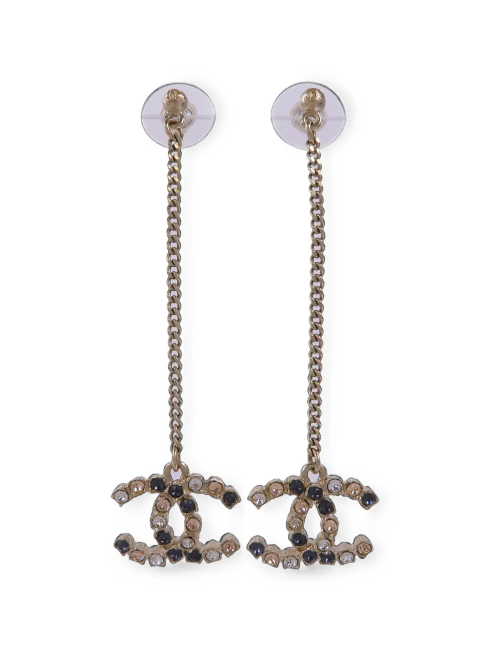 Pre-owned Chanel Crystal-embellished Cc Drop Earrings In Gold