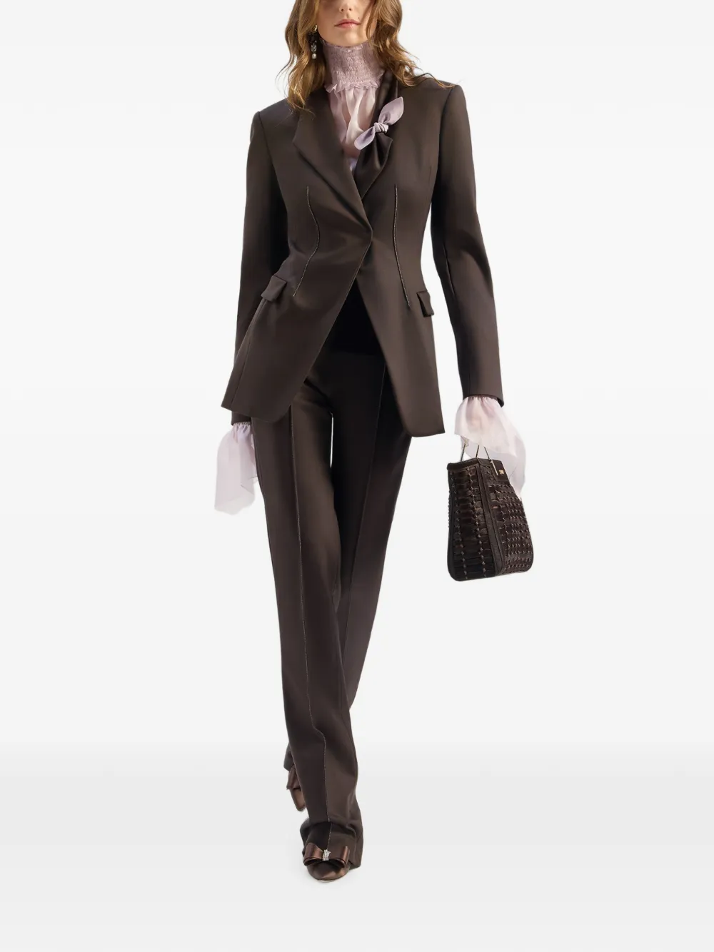 Genny Broek met fluwelen tailleband en persvouw Bruin