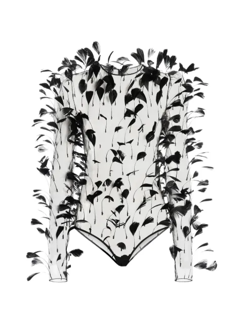 Genny feather-embellished sheer bodysuit