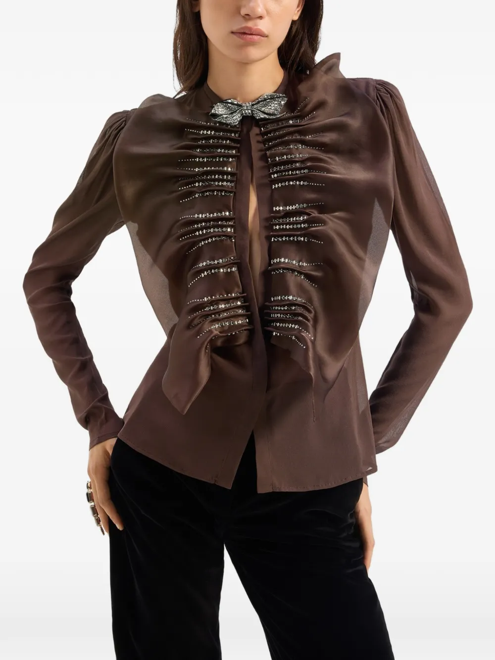 Genny Verfraaide blouse met ruches Bruin