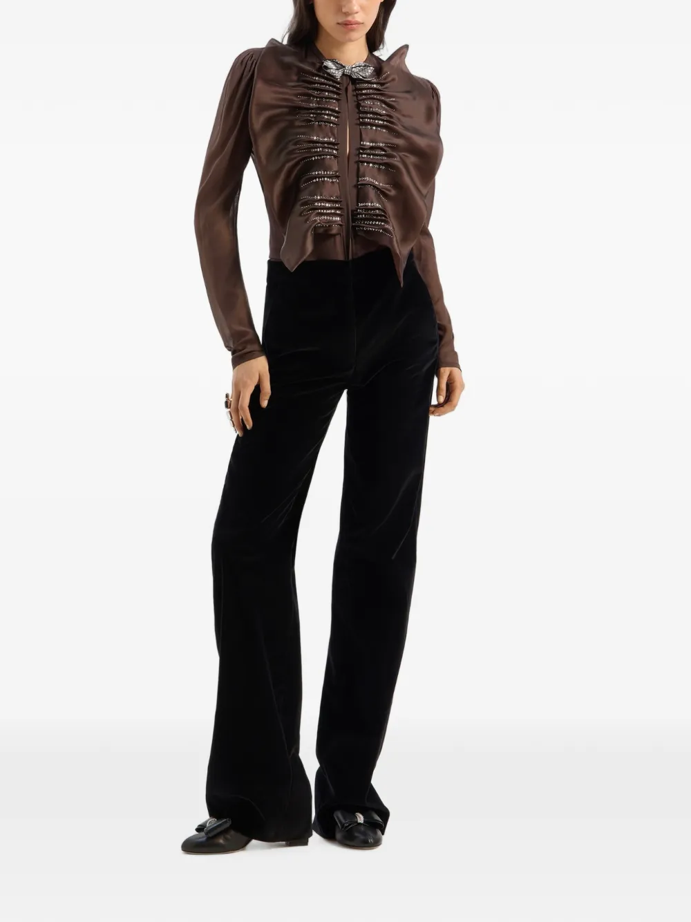 Genny Verfraaide blouse met ruches Bruin