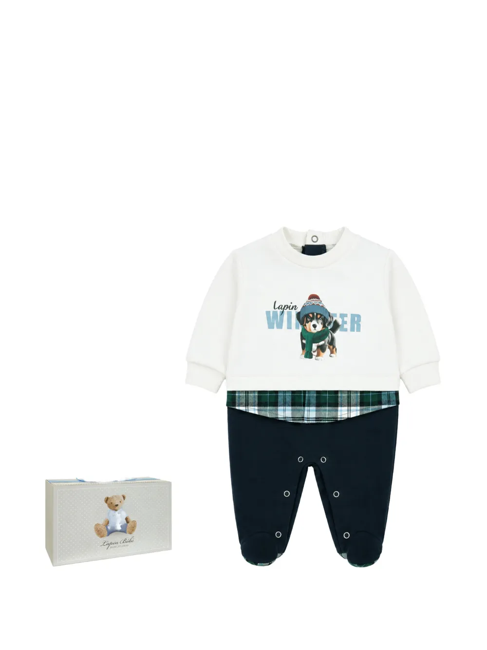 Lapin House Romper met afwerking in tartan-ruit en honden-print Blauw