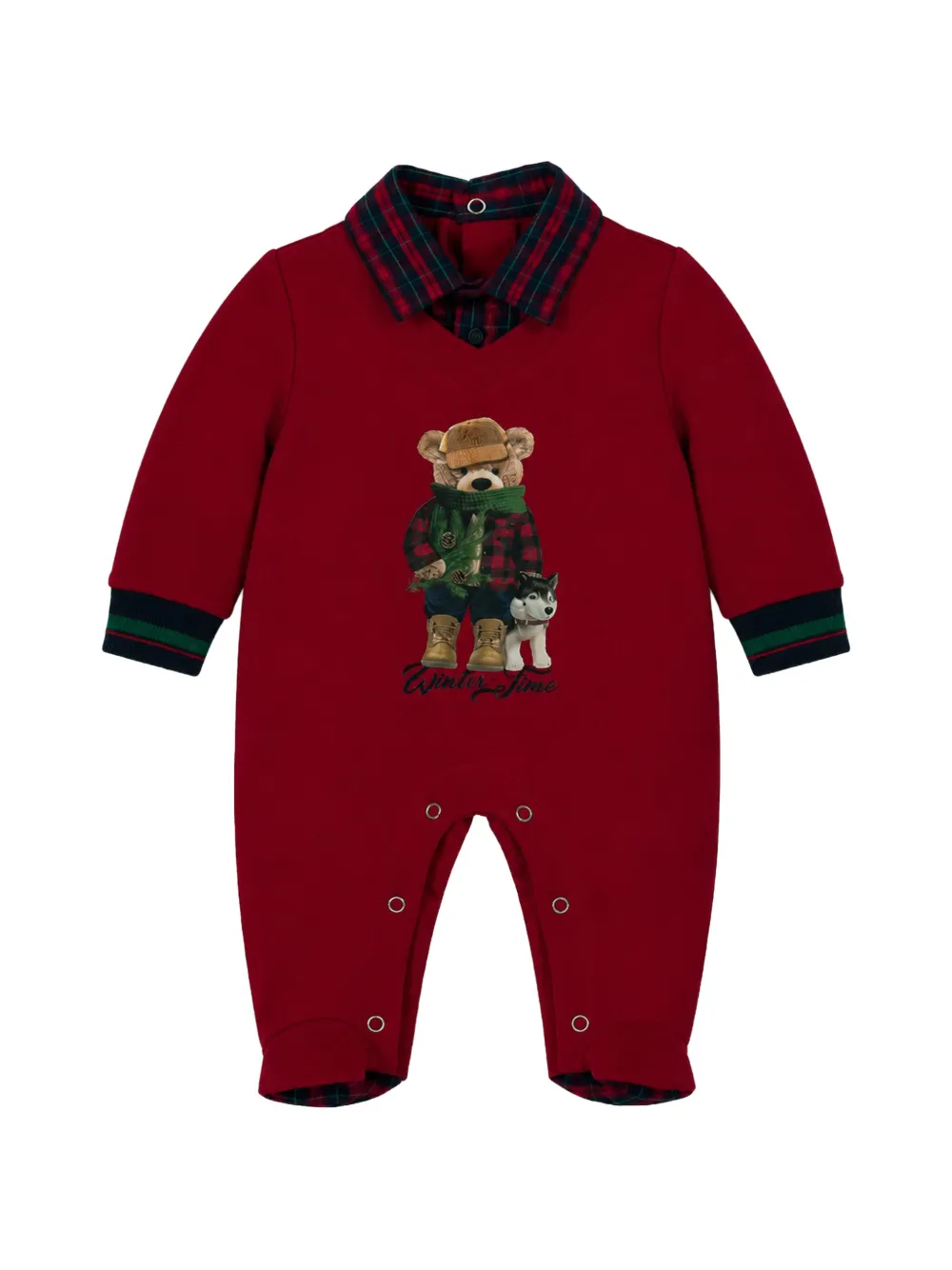 Lapin House bear-print tartan-collar bodysuit Rood