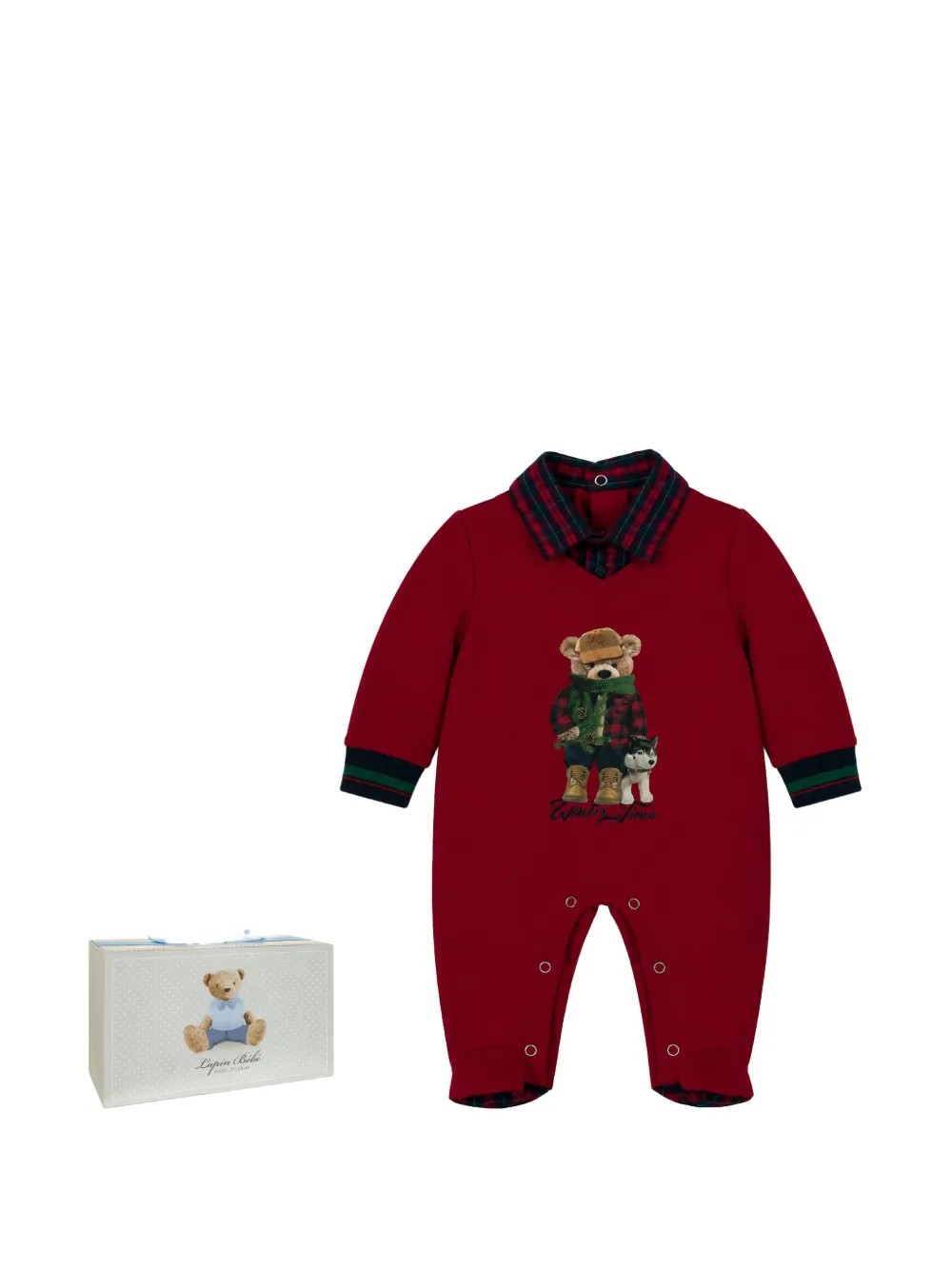 Lapin House bear-print tartan-collar bodysuit Rood