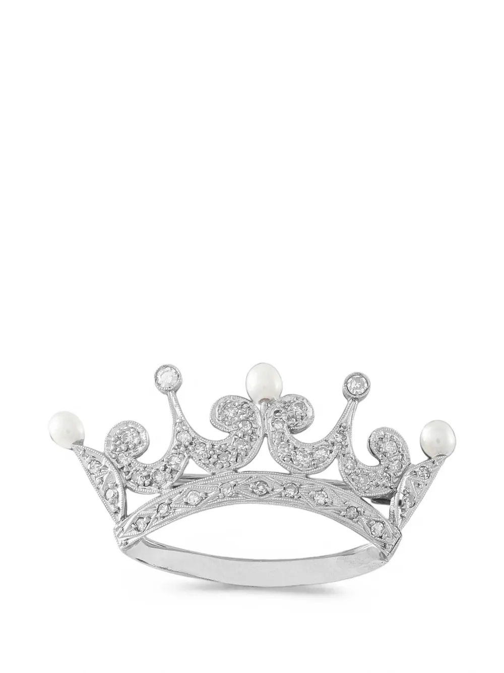 Pre-owned Lb Exclusive Diamond And Pearl Crown Brooch In Silver