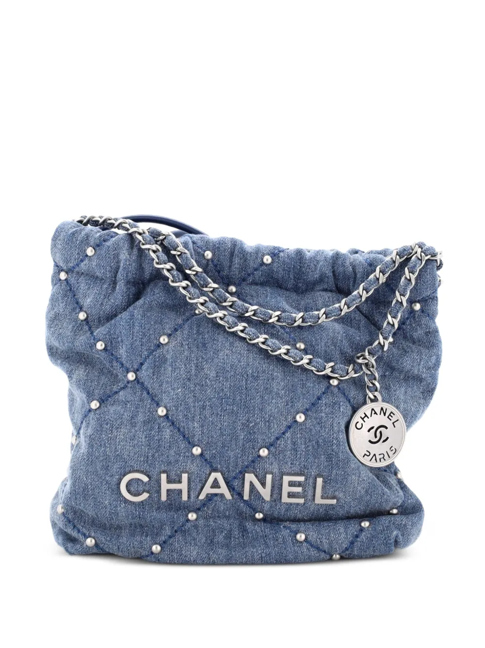 CHANEL Pre-Owned 22 Chain Quilted Studded Denim Mini hobo bag - Blue