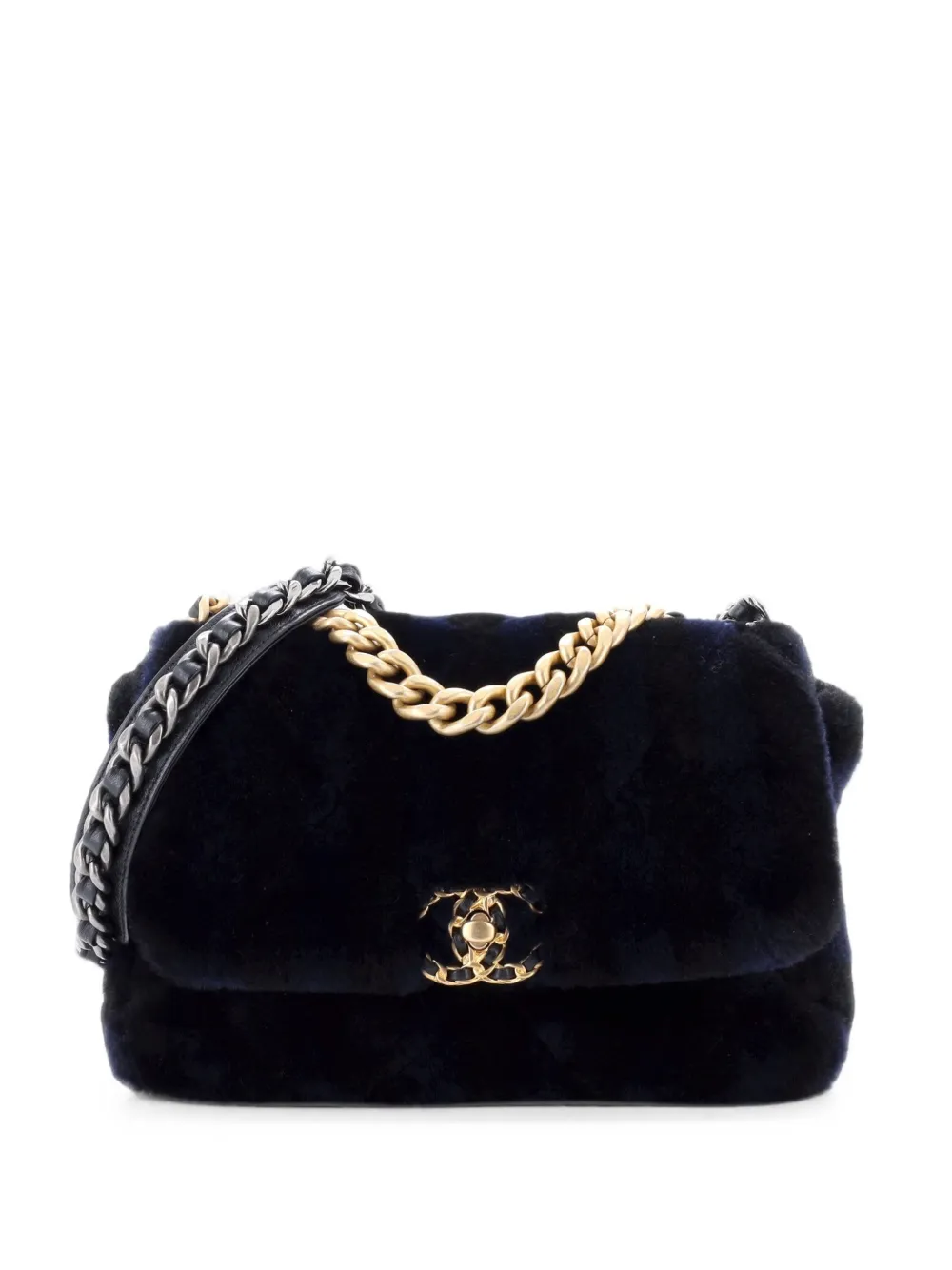 CHANEL Pre-Owned 19 Flap Bag Striped Quilted Fur Medium crossbody bag - Nero