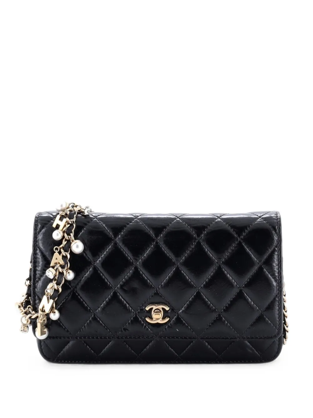 CHANEL Pre-Owned Pearl Charm Wallet on Chain Quilted Glazed Calfskin crossbody bag - Nero