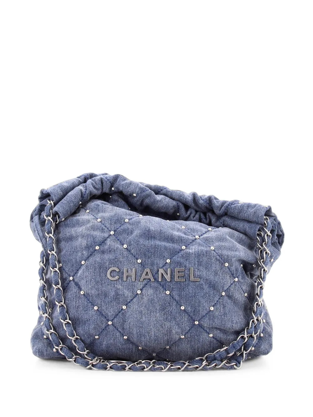 CHANEL Pre-Owned 22 Chain Quilted Studded Denim Small hobo bag - Blu